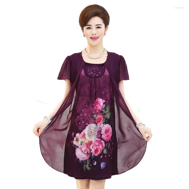

Casual Dresses 2022 Summer Fashion Mother Clothing Faux Two Piece Lady Chiffon Dress Vestidos Plus Size Print Short Sleeve Women, Blue