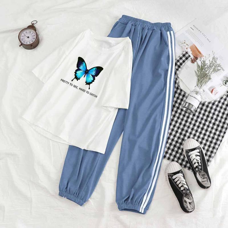 

Women's Two Piece Pants Joggers Women Set Summer Streetwear 2 Black Butterfly Graphic Top Short Sleeve O-neck And Trousers Outfits, White