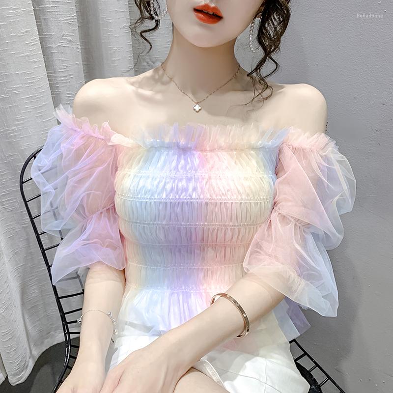 

Women' Blouses Fashion Elegant Short Sleeve Rainbow Sheer Lace Shirts Women Sexy Off Shoulder Slim Tunic Crop Tops Blouse 23i, Color