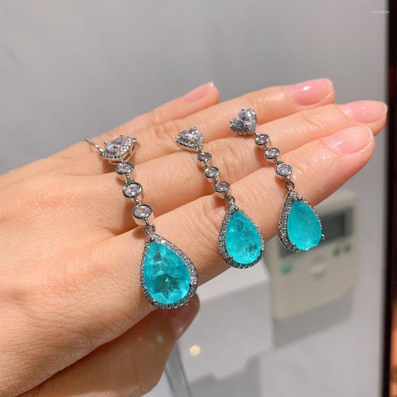 

Necklace Earrings Set 925 Sterling Silver Heart Shaped Water Droplets Moissanite Pendant Women Paraiba Luxury Fashion Jewelry, Picture shown