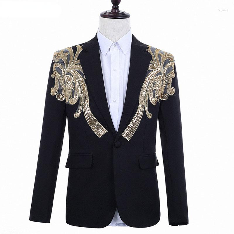 

Men's Suits Luxury Gold Floral Sequin Patchwork Suit Jacket Men One Button Slim Fit Blazers Mens Wedding Groom Party Dinner Costumes, Black