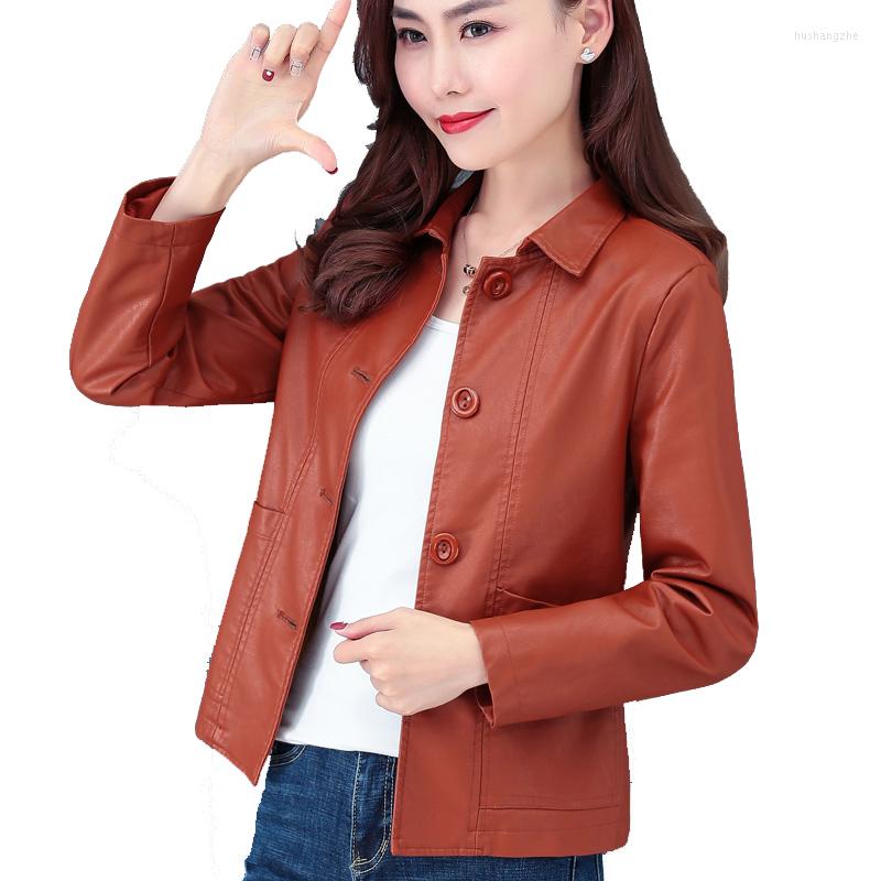 

Women's Leather Autumn Winter Coat Female Wild Spring PU Coats Korean Women's Small Fragrance Wind Short Jacket Overcoat, Orange
