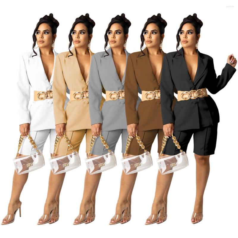 

Women' Tracksuits Chiclover Commute Women Two Piece Set Wholesale Items Notched Waist Jacket Coat And Straight Shorts Office Ladies, White