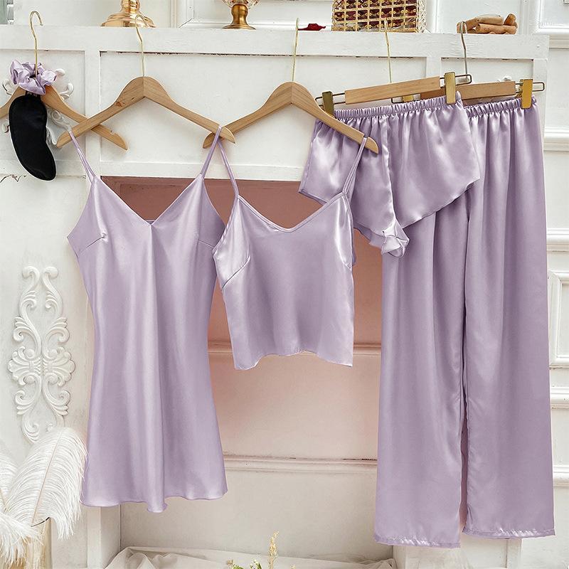 

Women's Sleepwear Women's 5pcs Sexy Spaghetti Straps Pajamas Sets Women Fresh Pure Color Satins Ice Silk Pyjamas Suits 502131052139, Black