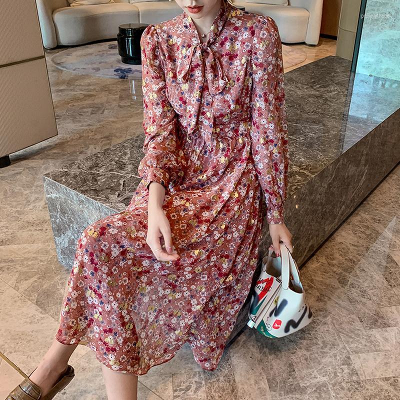 

Casual Dresses Spring Summer Woman Dress Female Vintage Print Floral Long Sleeve Midi A-line Women Chiffon Mujer Vestidos, Pink