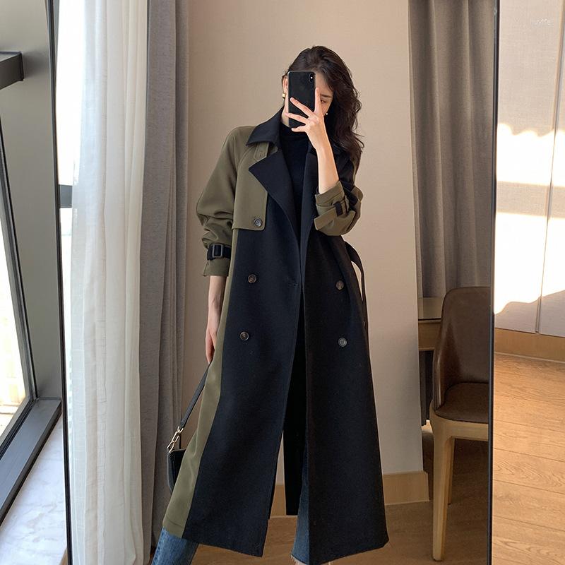 

Women' Trench Coats High End Coat For Women Spring Classic Double Breasted Long Sleeve Pactchwork Simple Windbreasker Work Outwear Ladies, Black army green