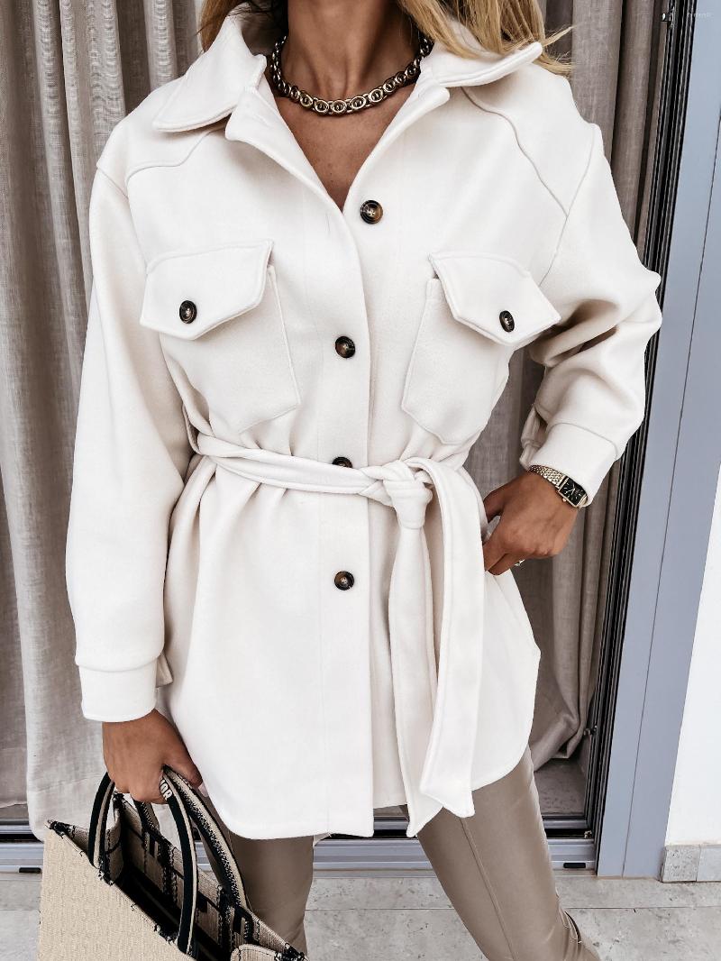 

Women' Trench Coats Puloru Women Single Breasted Autumn Office Casual Tie-up Waist Long Sleeve Outerwear With Pockets Solid Color