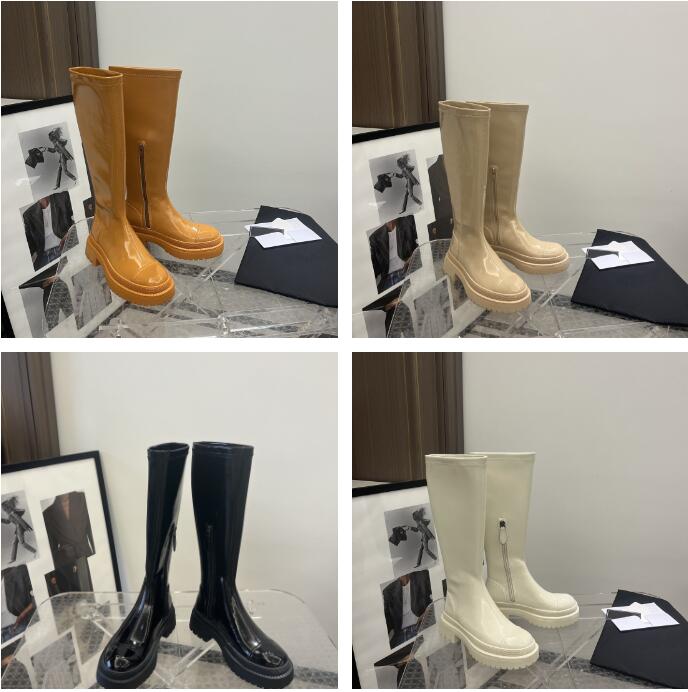 

Designer Women Knee Boots Rubber Rain Boot Waterproof Fashion Black White Winter Leather Booties Top-quality Size 35-42, Color 3