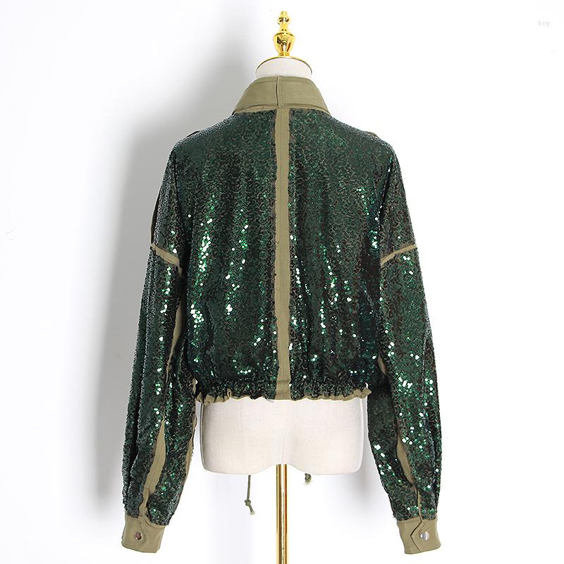 

Women' Jackets Patchwork Sequin For Women Turtleneck Long Sleeve Drawstring Coats Female Autumn Fashion Clothes 2022 Woman Jacket, Army green