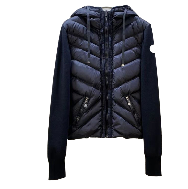 

Designer Womens Down and Parkas Twill Knit Splice Hooded Stand Neck Cardigan Lightweight Coat Embroidered Badge Slim Korean Casual Top Jacket, Black