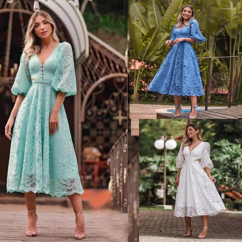 

Casual Dresses 2022 For Women Office Lady Lace Hollow Out Zipper Sexy Party Evening Dress Strawberry Vestidos, White