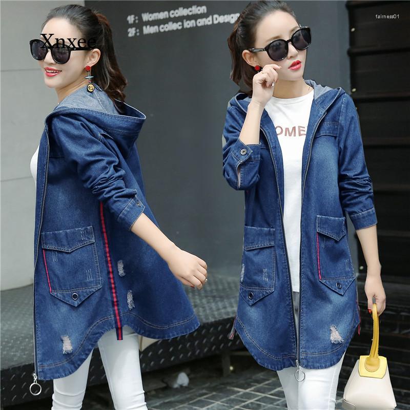 

Women's Trench Coats Spring And Autumn Women's Denim Jacket Slim Mid-Length Hooded Ripped Large Size Ladies Windbreaker, Blue