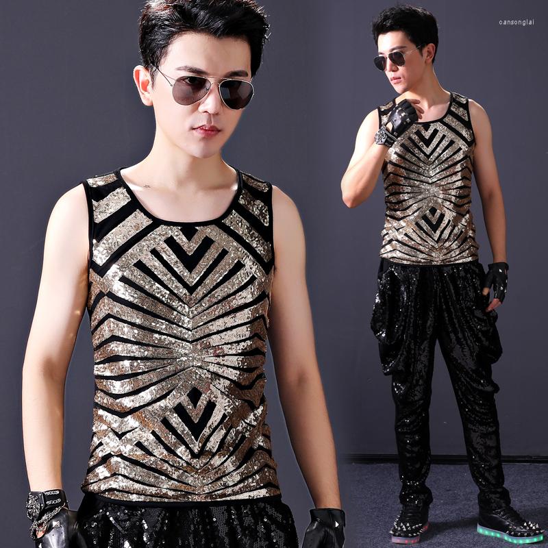 

Men's Vests Bar Nightclub Male Dance Performance Costume Singer Rock Stage Gold Sequined Vest Mens Gothic Clothes 2022, Champagne