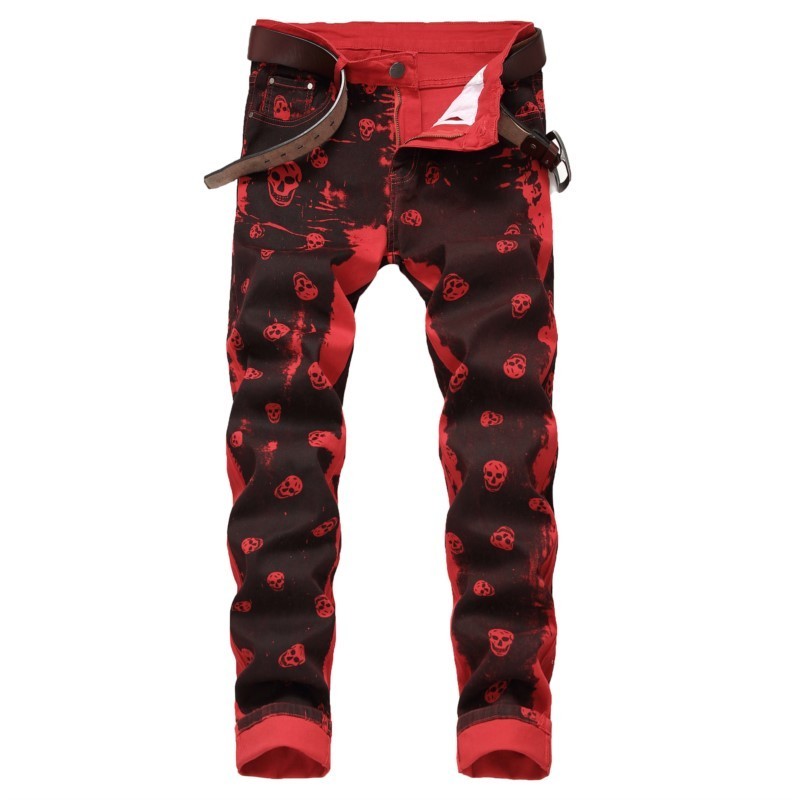 

Men's Jeans High Quality Motorcycle Denim Pants Long Punk Trendy Stitching Skull Pattern Printed Men Casual 221008, 9001 red