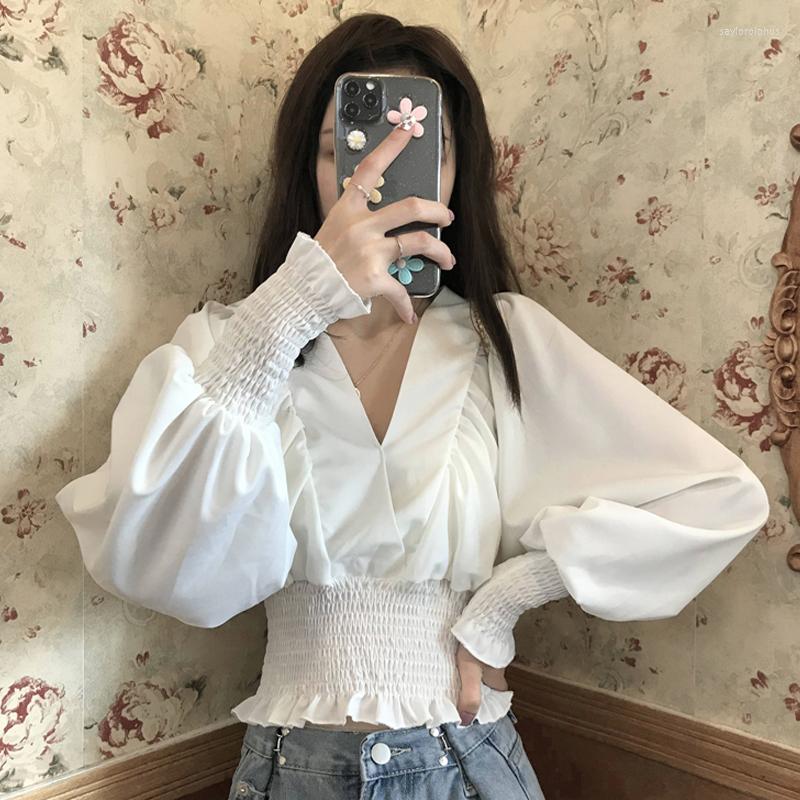 

Women's Blouses Spring And Autumn Chic Crop Top Women's 2022 Fashion V-neck Bubble Long-sleeved Short White Shirt Womens Tops, Green