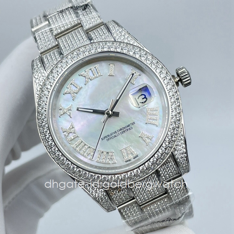 

Fashion Business Silver Mens Watch Datejust 126334 Ice Out Diamond Watch Sapphire Glass Roman Numerals dial 41mm automatic movement, 1#