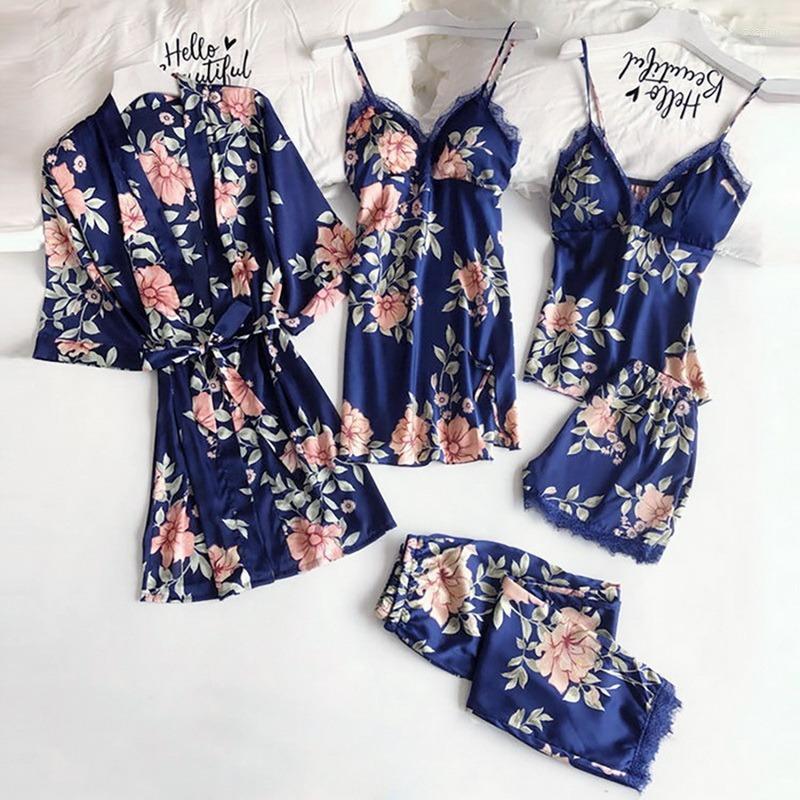 

Women' Sleepwear Women' Lace Patchwork 5PCS Nightgown Kimono Bathrobe Gown Satin Lady Nighty&Robe Suit Sexy Home Clothes White, Pink set 2