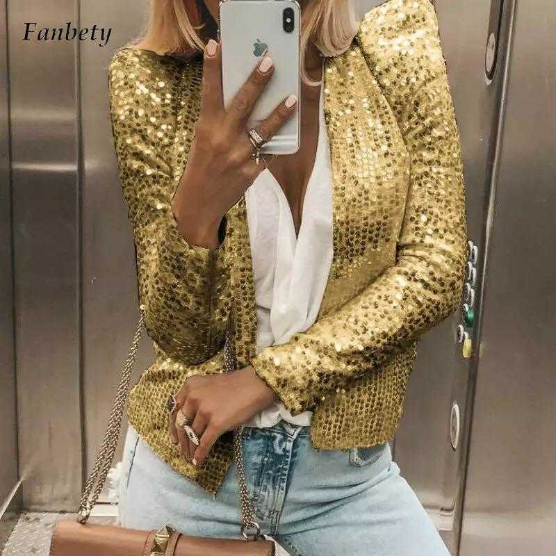 

Women's Jackets Women Casual Long Sleeve Short Blazer Spring Elegant Stand Collar Sequin Glitter Outerwear 2022 Autumn Fashion Solid Jacket Tops T221008, 02 black