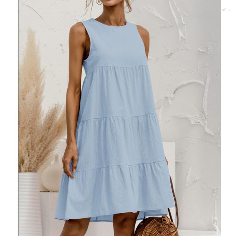 

Casual Dresses 2022 Summer Chic Women Fashion Sleeveless O-Neck Solid Loose Large Swing Beach Vest Dress Vestidos, Black