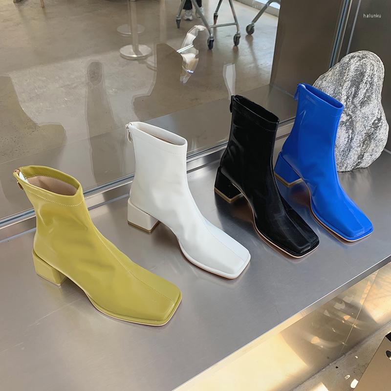 

Boots Square Toe Women Sock Fashion Stretch Shoes Black White Blue Green Thick Mid Heels Back Zipper Autumn Spring Botas 39