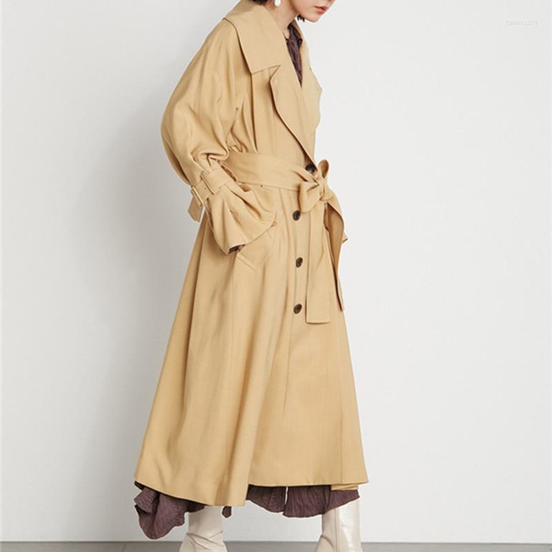 

Women's Trench Coats Autumn Long Jacket Laple Neck Full Sleeve Elegant Double Breasted Drawstring Jackets Solid All Match Coat Women, Khaki