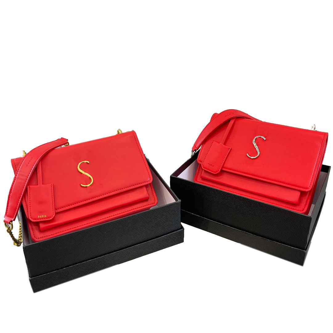 

Classic Sunset Shoulder Bags Gold And Silver Hardware Chain Handbags 5A Quality Genuine Leather Flap Women Crossbody Bag Luxury Designer Y Messenger Bag 22CM, Gold hardware red