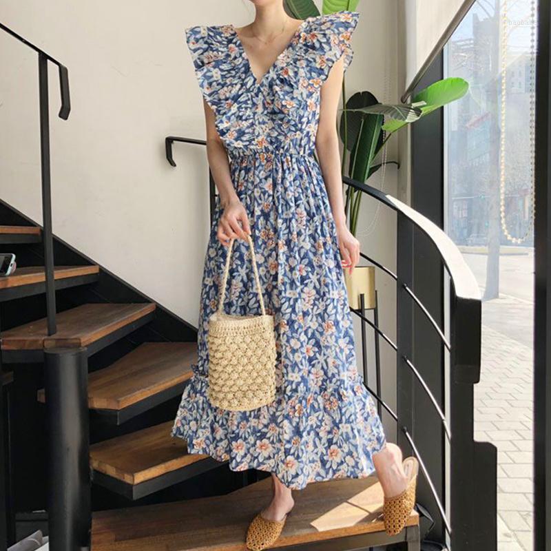 

Casual Dresses Korean Chic V-neck Dress Woman Ruffle Stitching Contrast Back Lace Up Cut-out Sleeve Floral For Women, Green