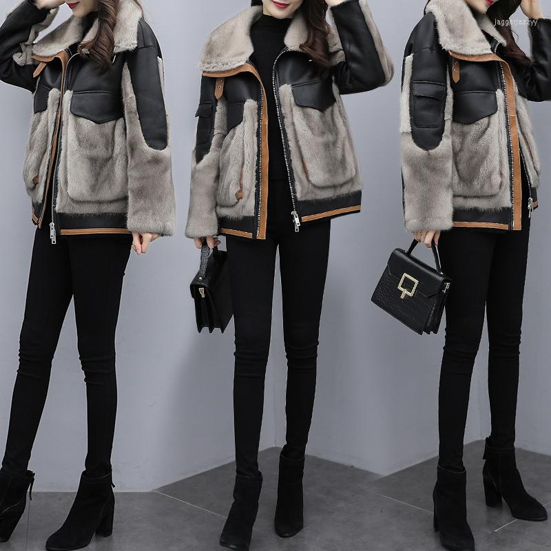 

Women's Fur 2022 Leather Winter Jacket Women's Fashion Stitching Luxury Warm Street Motorcycle, Picture color