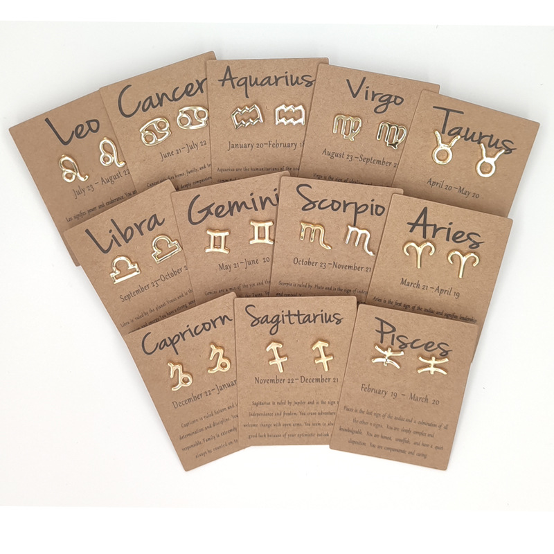 

Elegant 12 zodiac Constellations Sign Earrings with Card for Women Birthday Stud Ear Jewelry