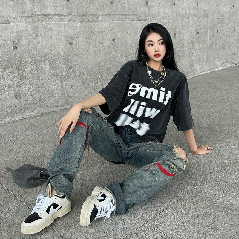 

Women' Jeans Women Straight Pants Hiphop High Street Girl Y2k Baggy Wide Leg Ripped Streetwear Loose Pant For, Blue