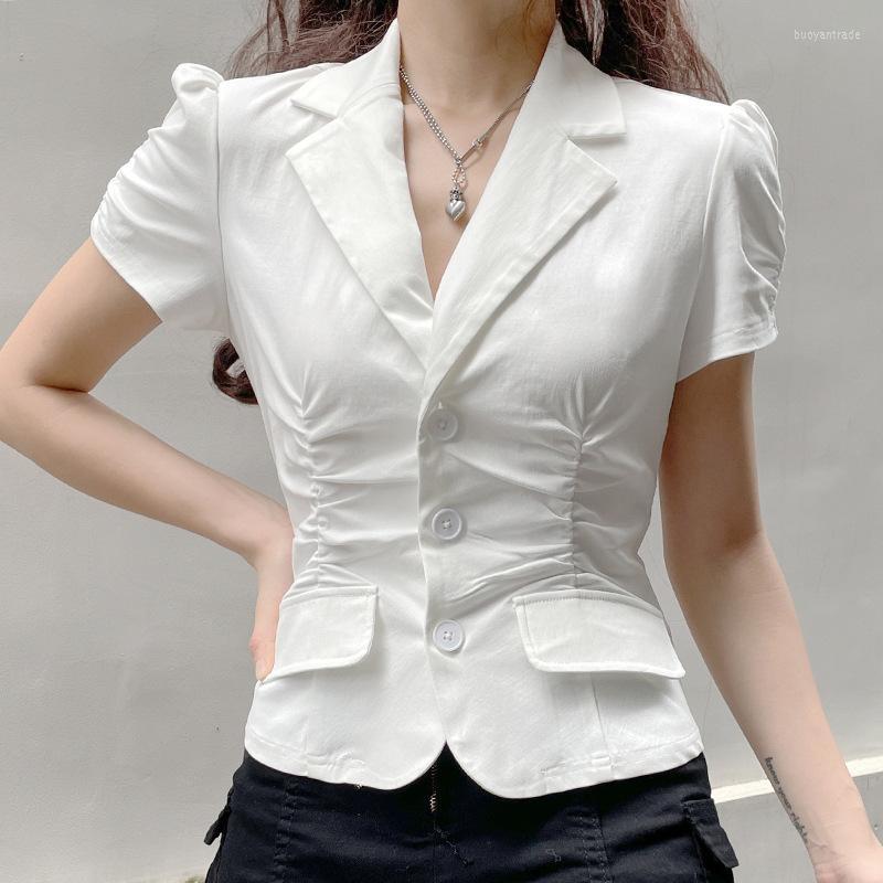 

Women' Blouses Women' & Shirts Retro Shirt Woman Elegant And Beautiful Y2k Harajuku Chic Temperament Fold Waist Pocket Lapel Short, Black