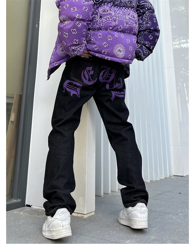 

Men's Y2k Jeans Cashew Flowers Purple Streetwear Casual Pants Punk Hip Hop Letter Print Baggy Harajuku Straight Denim Trousers