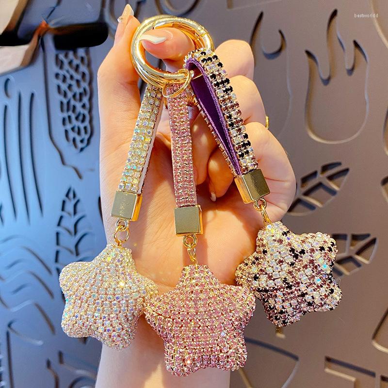 

Keychains Colorful Full Crystal Rhinestone Star Round Keyring Chain Bling Shining Keychain Bag Car Hanging Pendant Jewelry Accessory