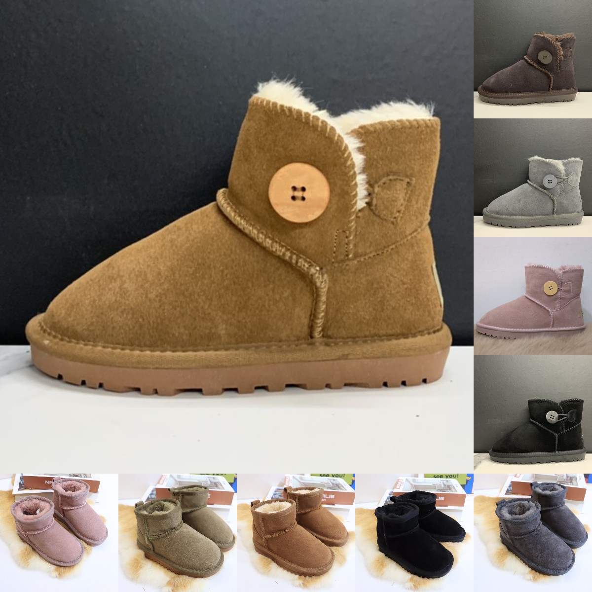 

Winter australia Suede Mini Boots Black Chestnut Grey Button Ankle Booties Short Low Top platform flats Kid Children low heel lace-up bootie Shearling Faux Fur Shoes, Mq1091