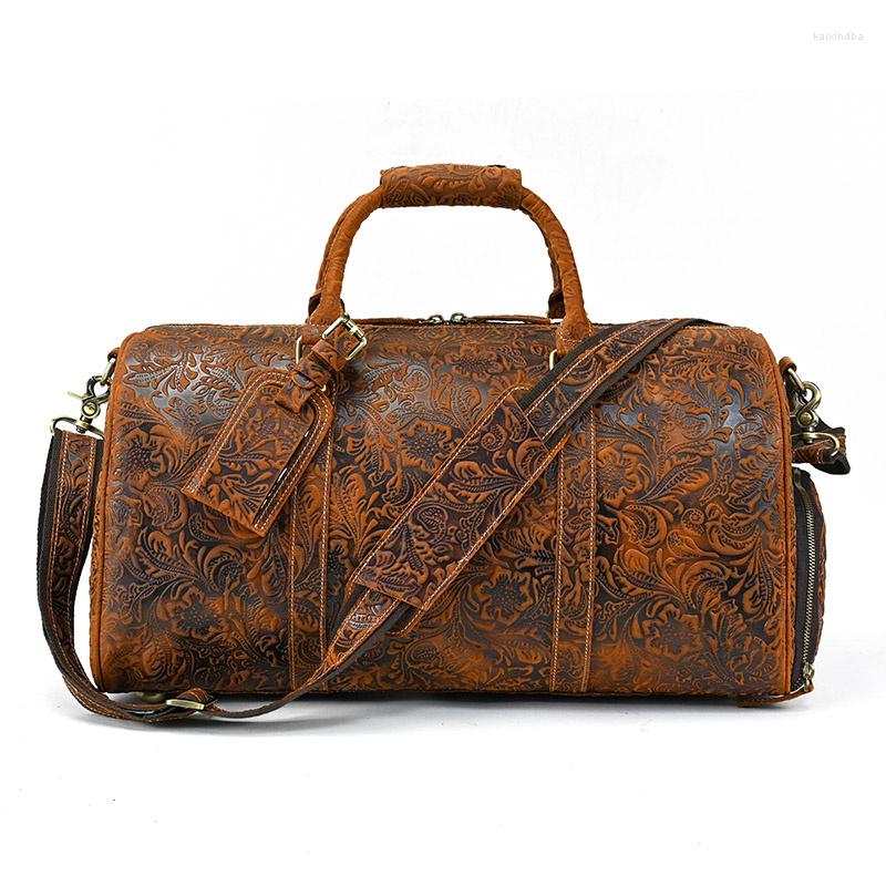 

Duffel Bags 52cm Vintage Genuine Leather Travel Bag For Men Crazy Horse Duffle Large Shoulder Cowhide Weekend, Black
