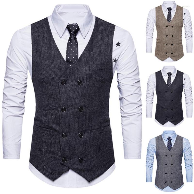 

Men' Vests Solid Color Vest Men Herringbone Twill Double-breasted Slim Waistcoat Wedding Dress Suit Chaleco Hombre Weste Herren, Khaki