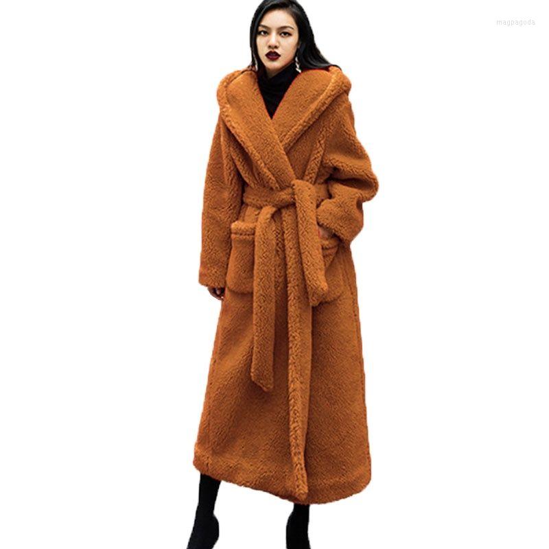 

Women' Fur Winter Jacket Women' Long Faux Coat Plush Warm Women Thick Fluffy Teddy Bear Ladies With Belt, Red