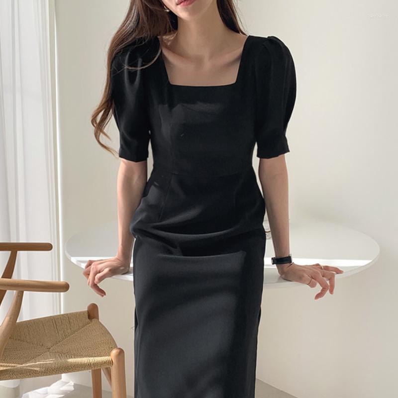 

Casual Dresses Korean Chic French Dress Light Ripe Neck Sexy Medium Length Over Knee Bubble Sleeve For Women Woman, Black