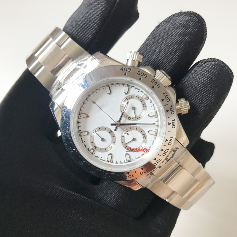 

Mens Silver watch AAA watches 40mm luxury sapphire quartz movementwith chronograph function stainless steel white dial all sub dials moves wristwatches