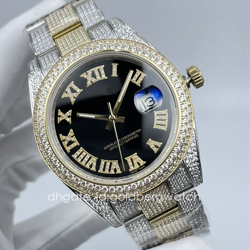 

Fashion Business Gold Mens Watch Datejust 126333 Ice Out Diamond Watch Sapphire Glass Black Roman Numerals dial 41mm automatic movement, 1#