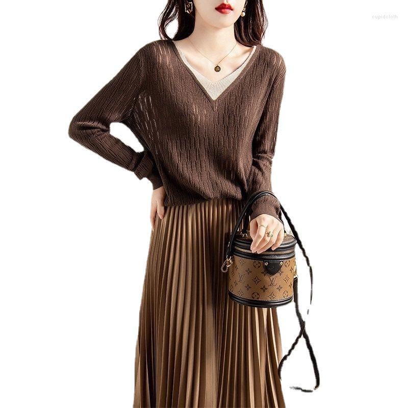 

Work Dresses Spring And Autumn Temperament Female Professional Knitted Light Luxury Sweater Long Skirt Two-piece Dress Fashion Pl253, Coffee color top and