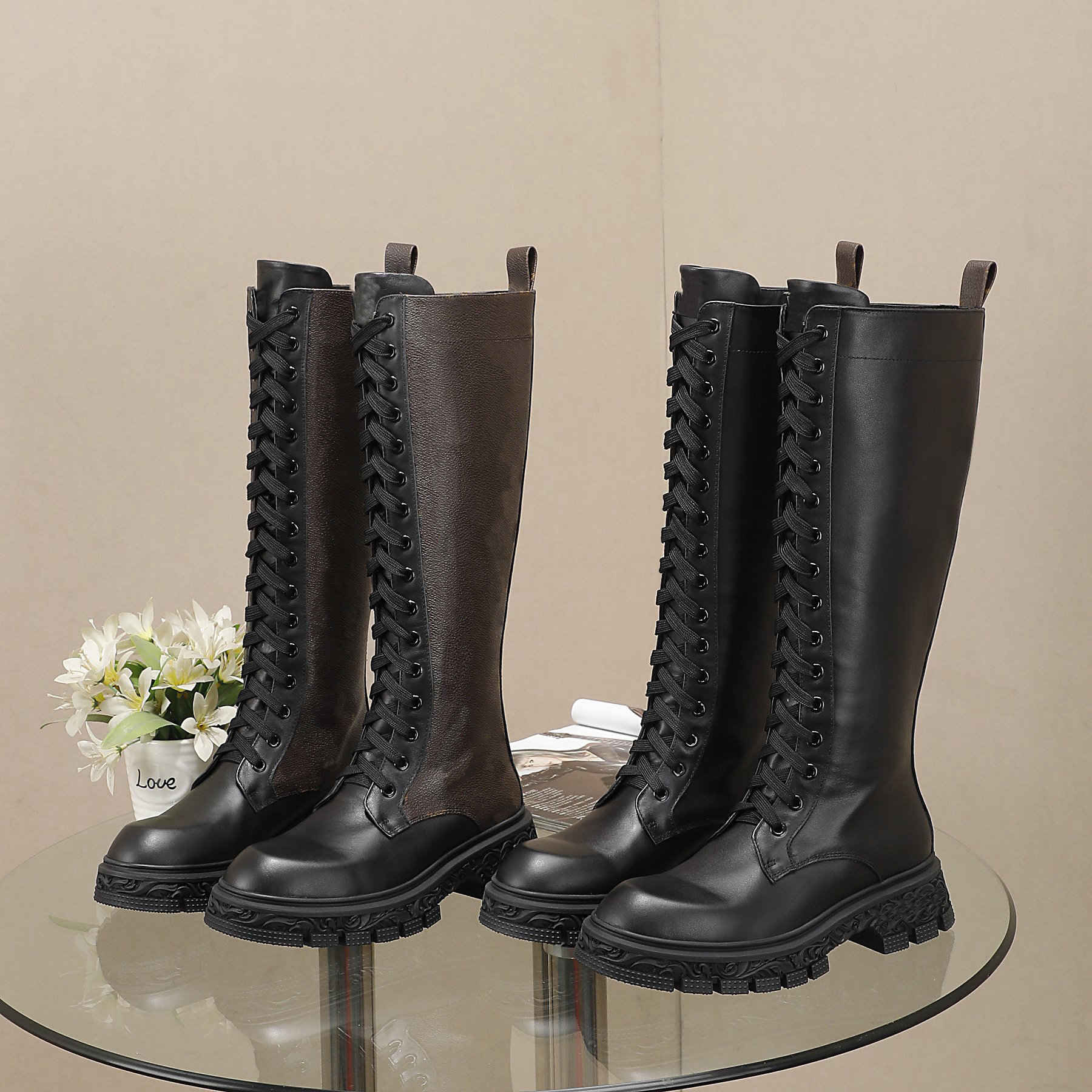 

Luxury Designer Women Motorcycle Boots Comfortable Leather Elastic Fabric With Zipper Fashion Knee Height Booties, Brown