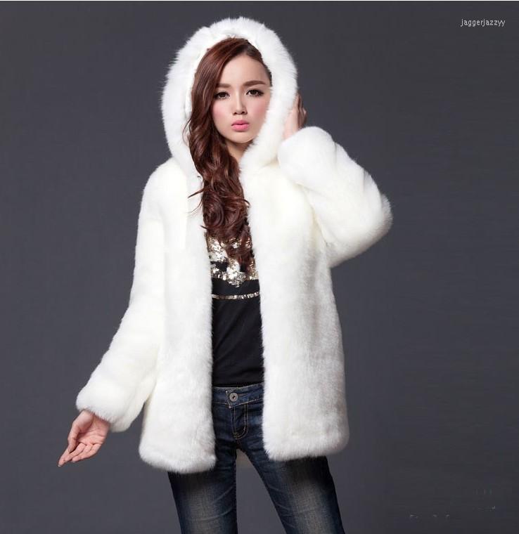 

Women' Fur Autumn And Winter Women' Leather Coat Hooded Casual Imitation Warm Loose Overcoat Women Faux, White
