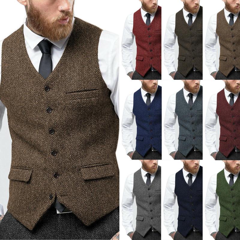 

Men' Vests Men' Tweed Vest Herringbone V-neck Vintage Wedding Wool Slim Party Business Groomsmen Clothing Tank Top, Green