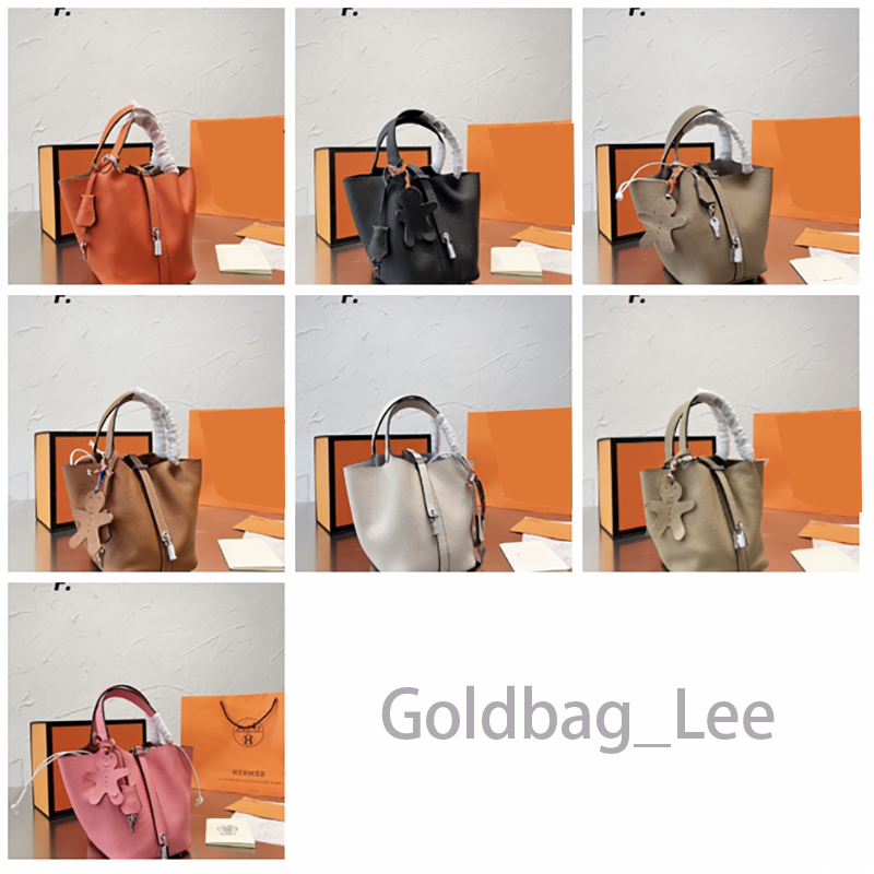 

drawstrings tote bag shoulder Bags crossbody Picotin lock 20cm Silver clasp Basket Womens Soft Leather Litchi Pattern Bucket Handle pochette designer bag handbag, Orange