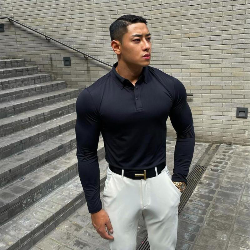 

Men's Polos Fitness Long-sleeve Mens Spring Sports Casual Polo Shirt Running Training Elastic Slim T-shirt All-match Lapel Clothes, Black
