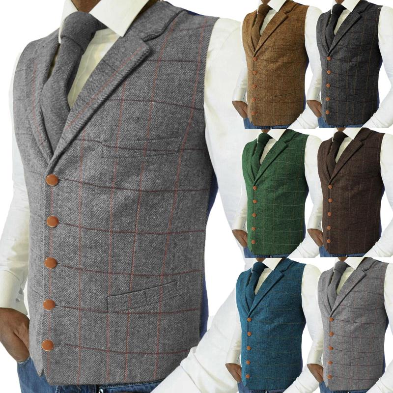 

Men's Vests Casual Gentleman Men's Grey Green Vest Soft Wool Brown Jacket Tweed Business Waistcoat For Groosmen Man Wedding, Black