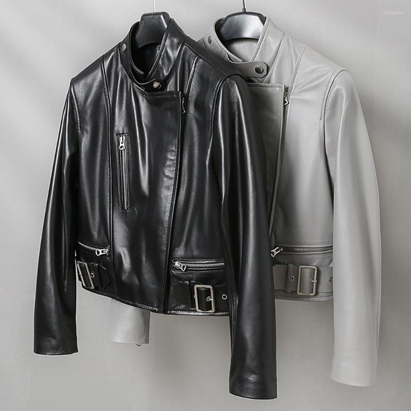 

Women's Leather 2022 Lady Jackets Biker Genuine Sheepskin Short Coat Zipper Solid Fashion Windproof Motorcycle Outwear 3566, Black