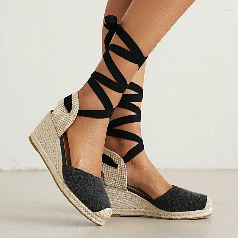 

Dress Shoes Termainoov Women Sandals High Heels Lace Up Wedges Summer Heeled Beach Fisherman, Black