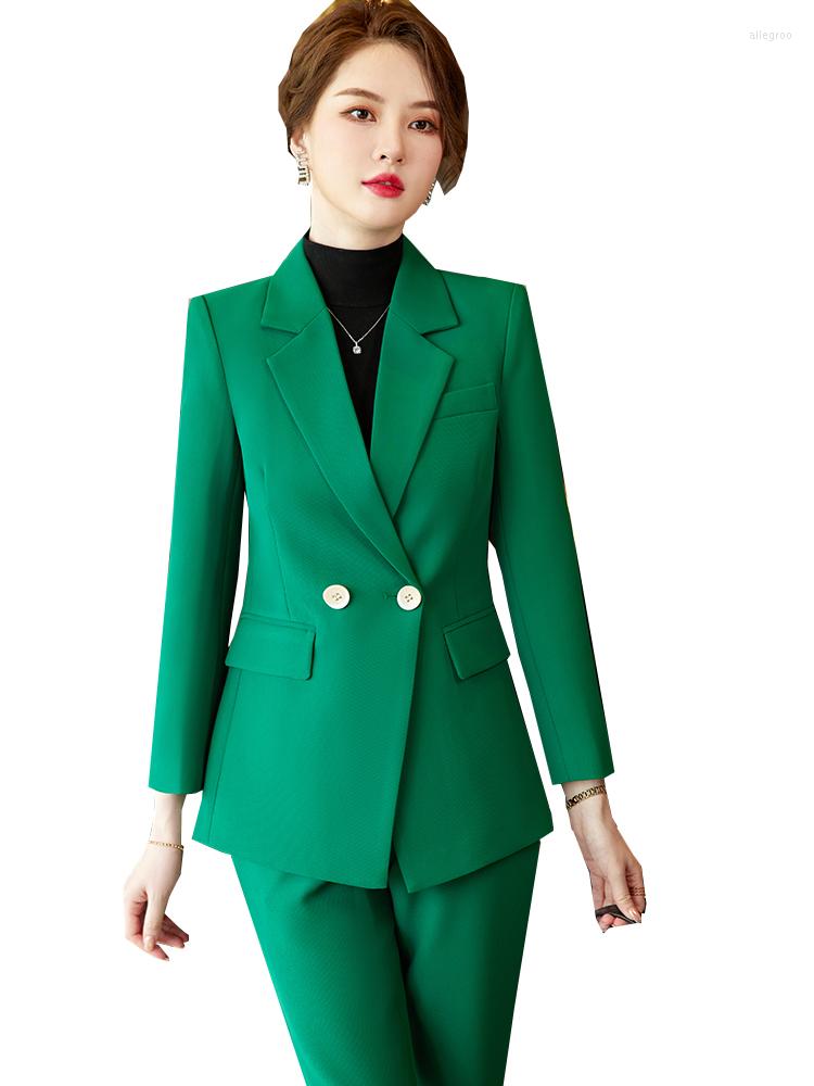 

Women' Two Piece Pants Green Pink Blue Women Business Work Wear Pant Suit Office Ladies Solid Formal Blazer And Trouser Female Long Sleeve, Green 2 piece set